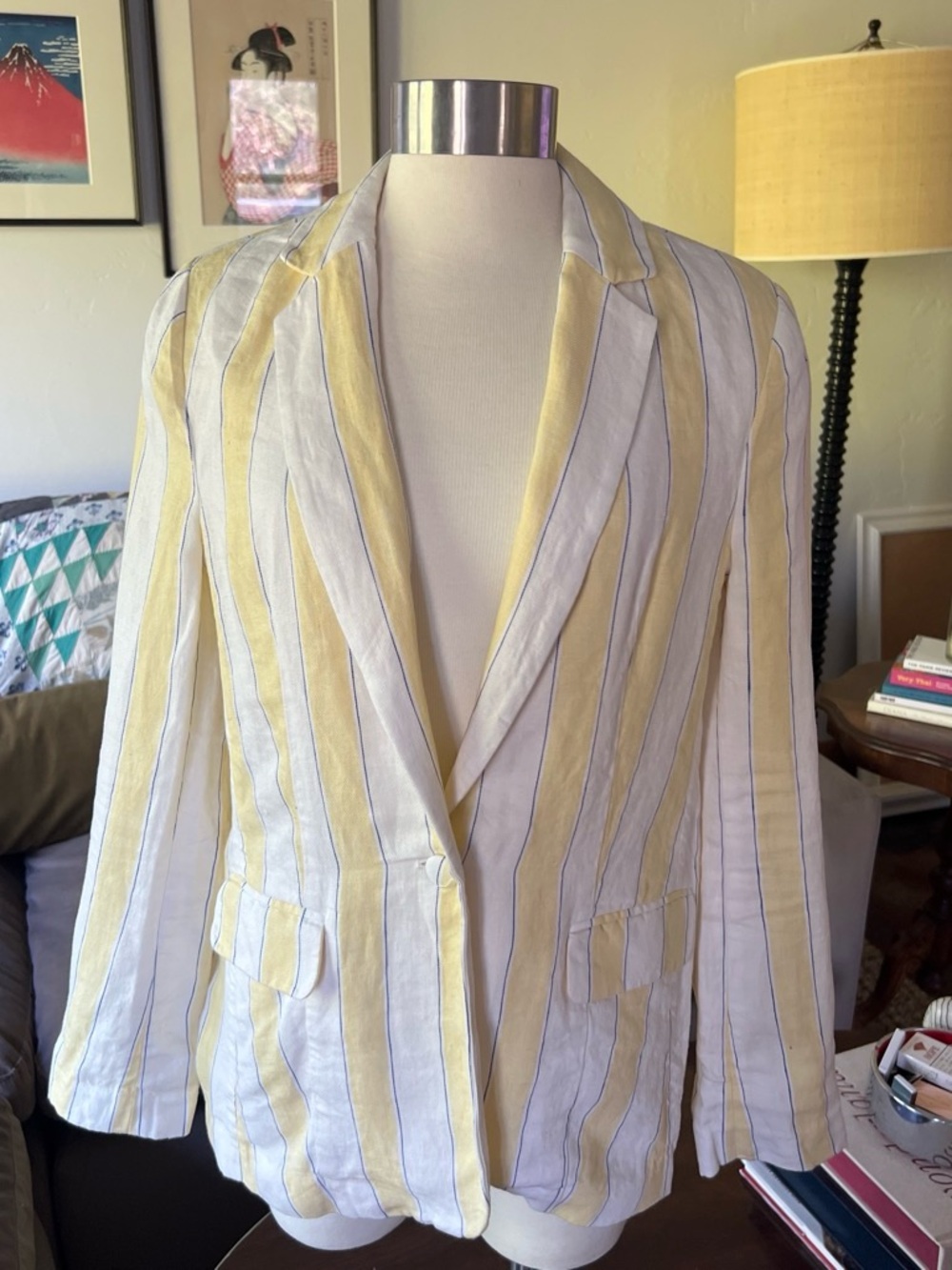 Frame Denim Yellow & White Striped Linen Blazer